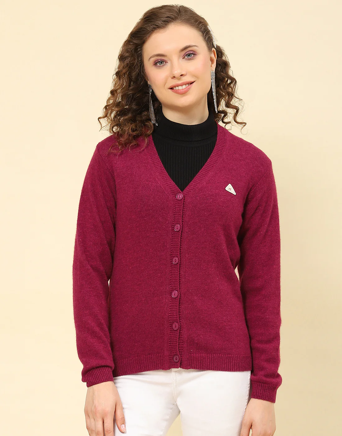 Women Maroon Solid V Neck Full Sleeve Cardigan - Image 2