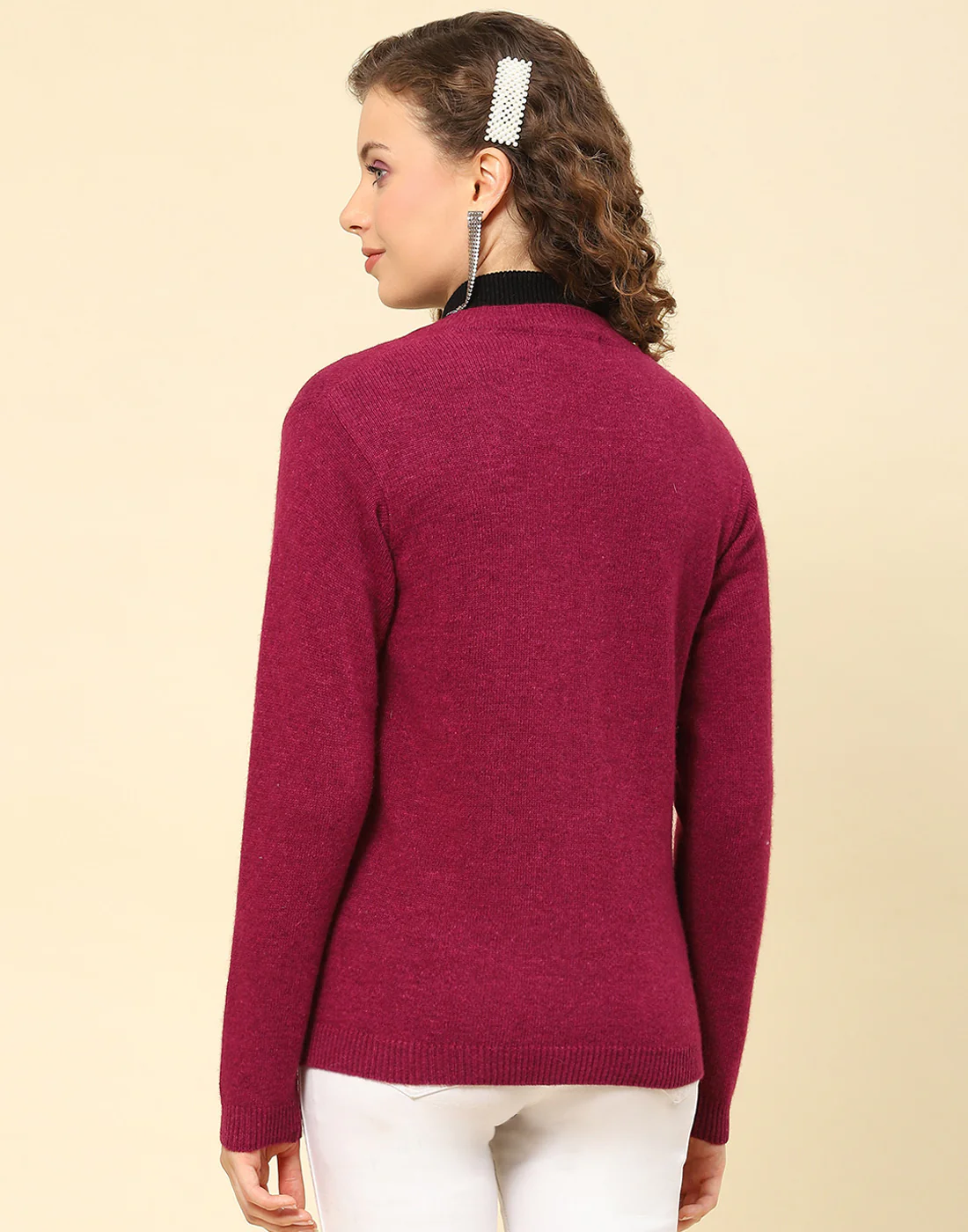 Women Maroon Solid V Neck Full Sleeve Cardigan - Image 5