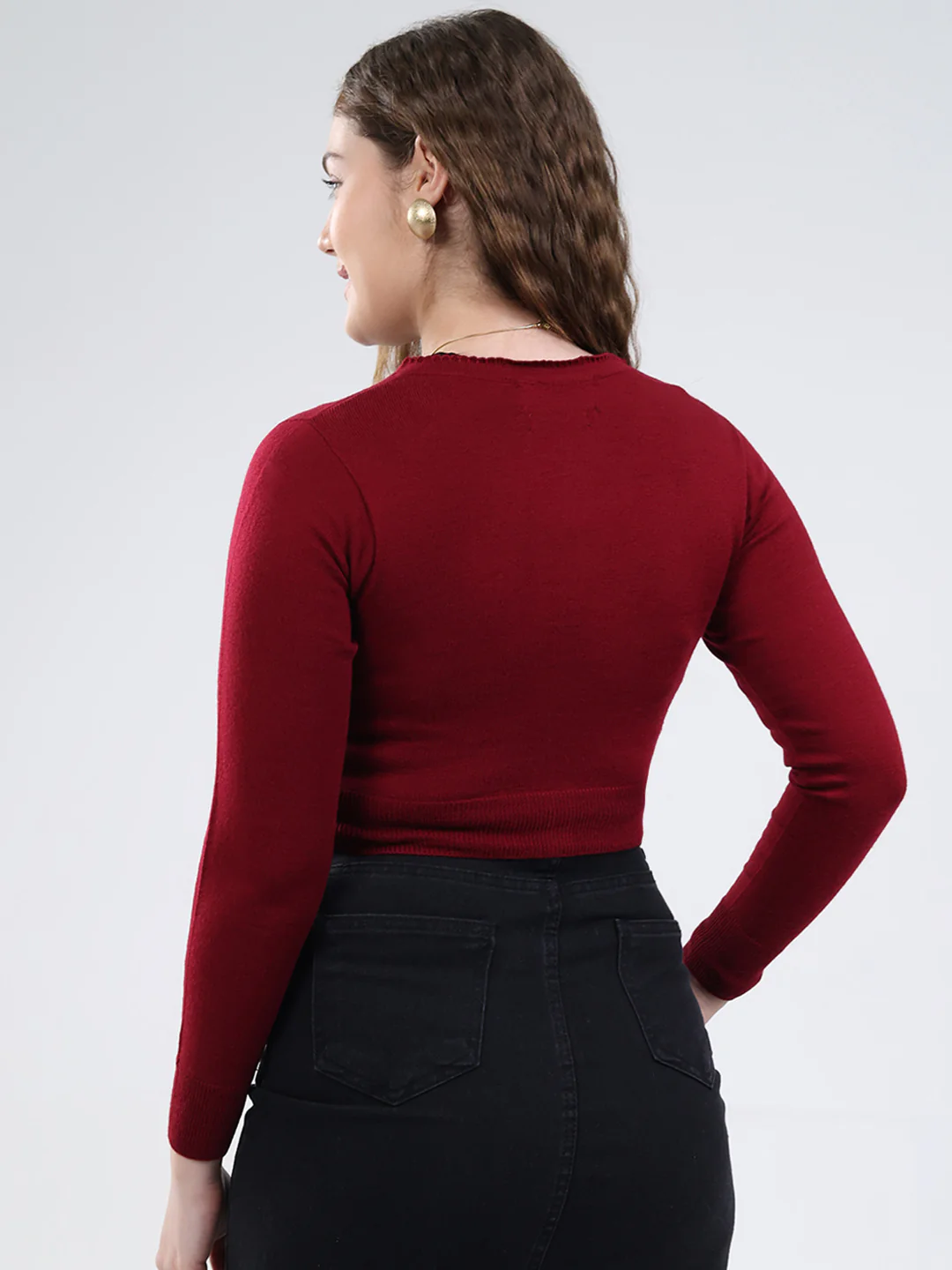 Women Maroon Solid V Neck Full Sleeve Cardigan - Image 5
