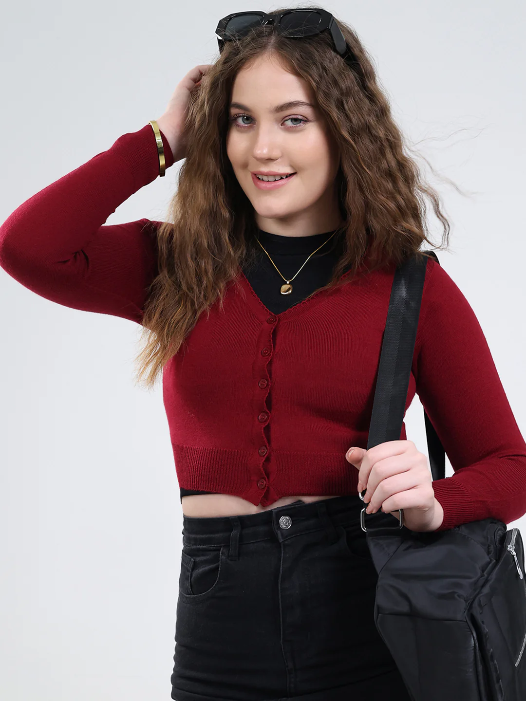 Women Maroon Solid V Neck Full Sleeve Cardigan - Image 6