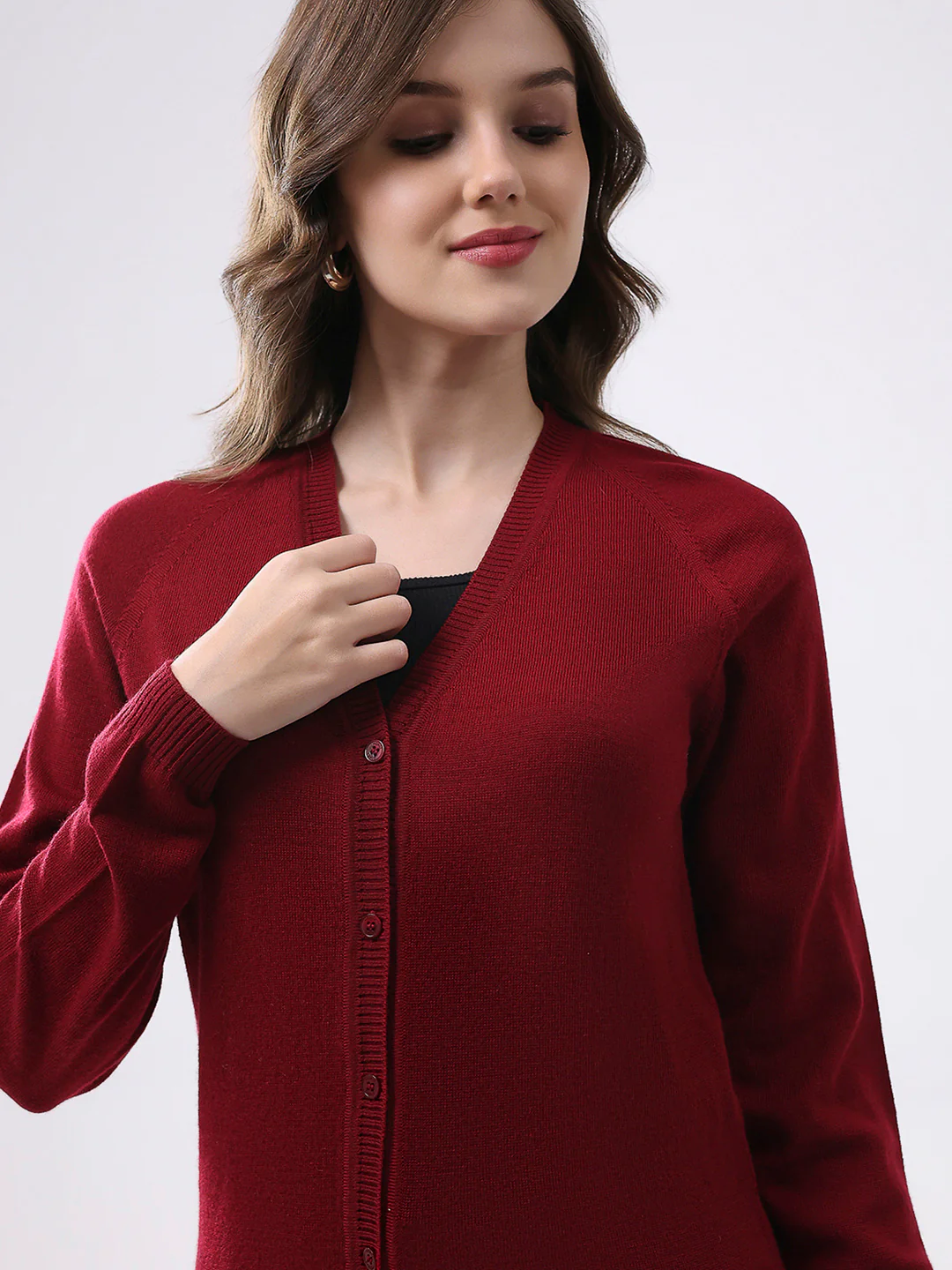 Women Maroon Solid V Neck Full Sleeve Cardigan - Image 7