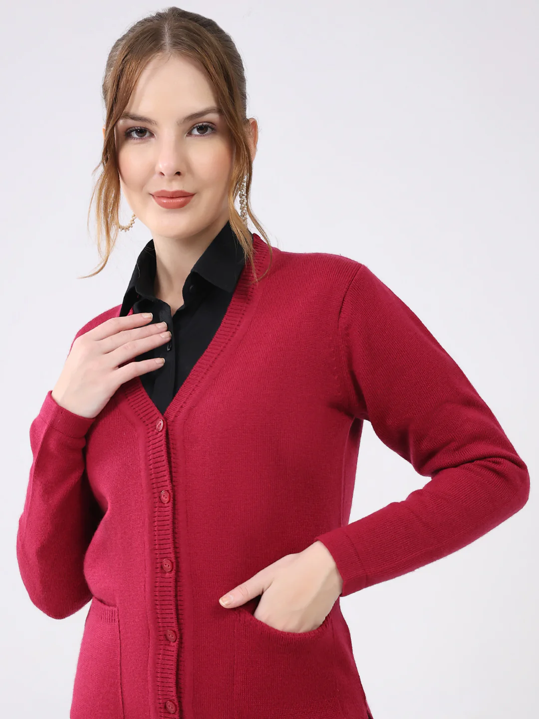 Women Maroon Solid V Neck Full Sleeve Cardigan - Image 6