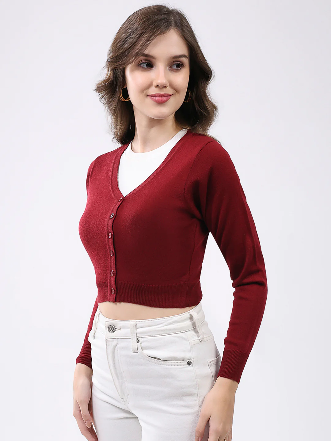 Women Maroon Solid V Neck Full Sleeve Cardigan - Image 3