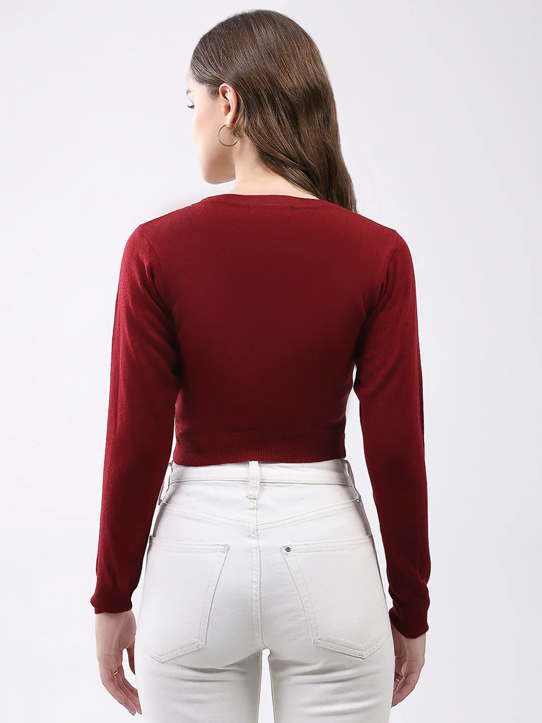 Women Maroon Solid V Neck Full Sleeve Cardigan - Image 5