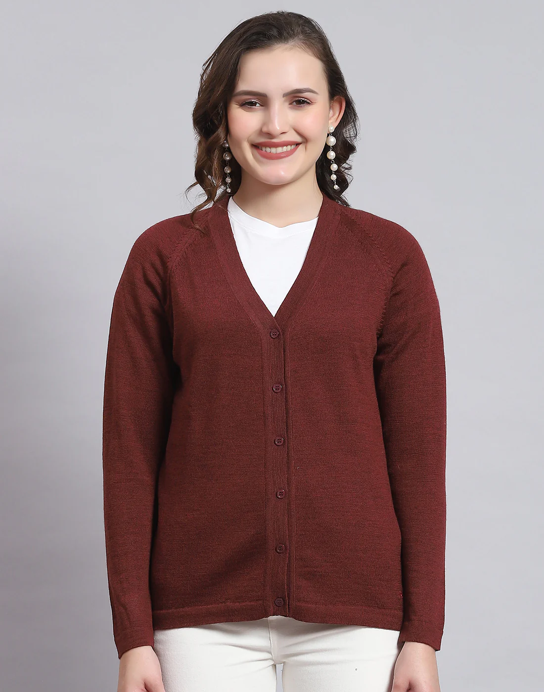 Women Maroon Solid V Neck Full Sleeve Sweater - Image 3