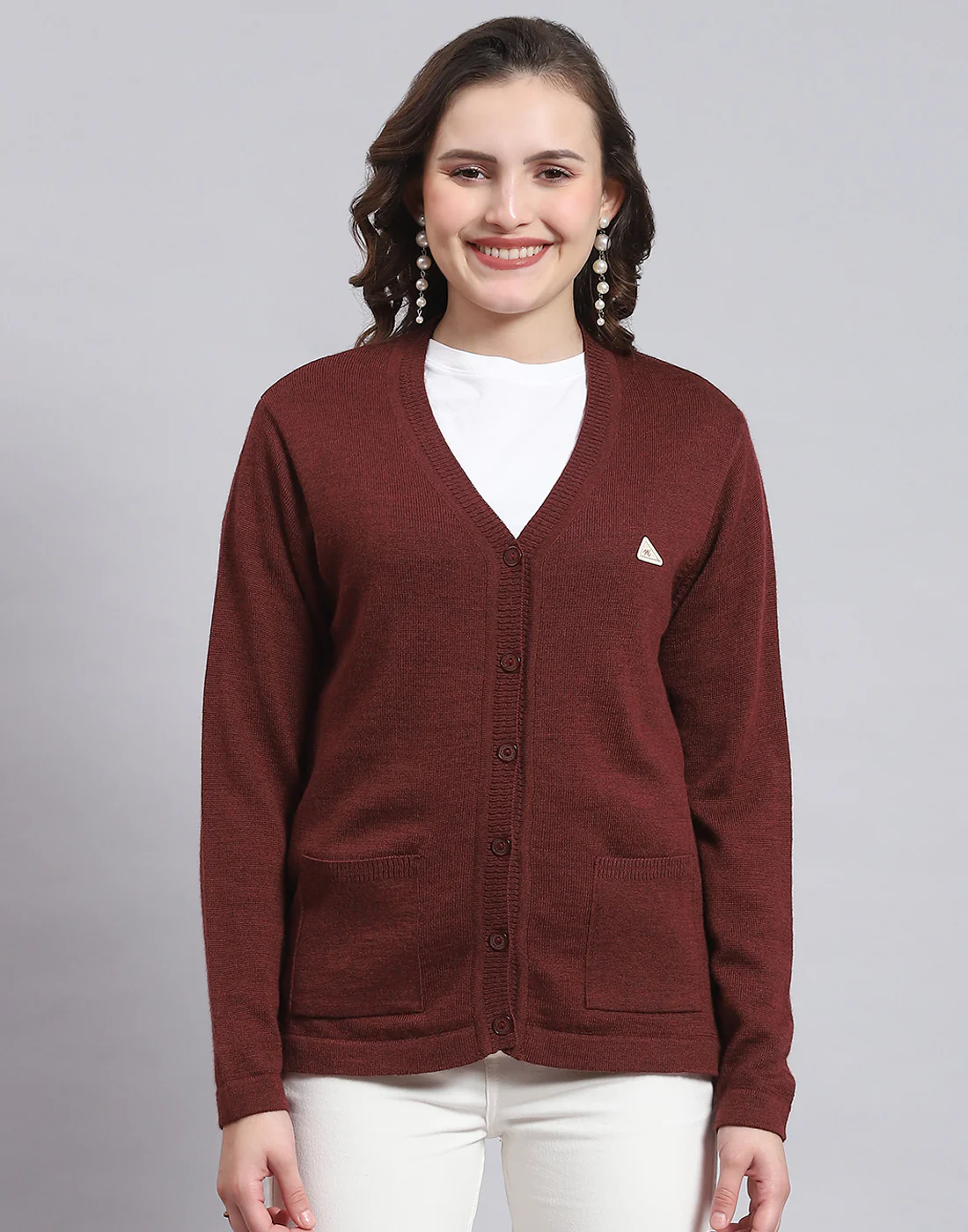 Women Maroon Solid V Neck Full Sleeve Sweater - Image 3