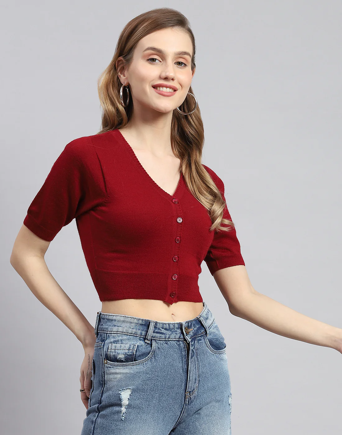 Women Maroon Solid V Neck Half Sleeve Blouse - Image 4