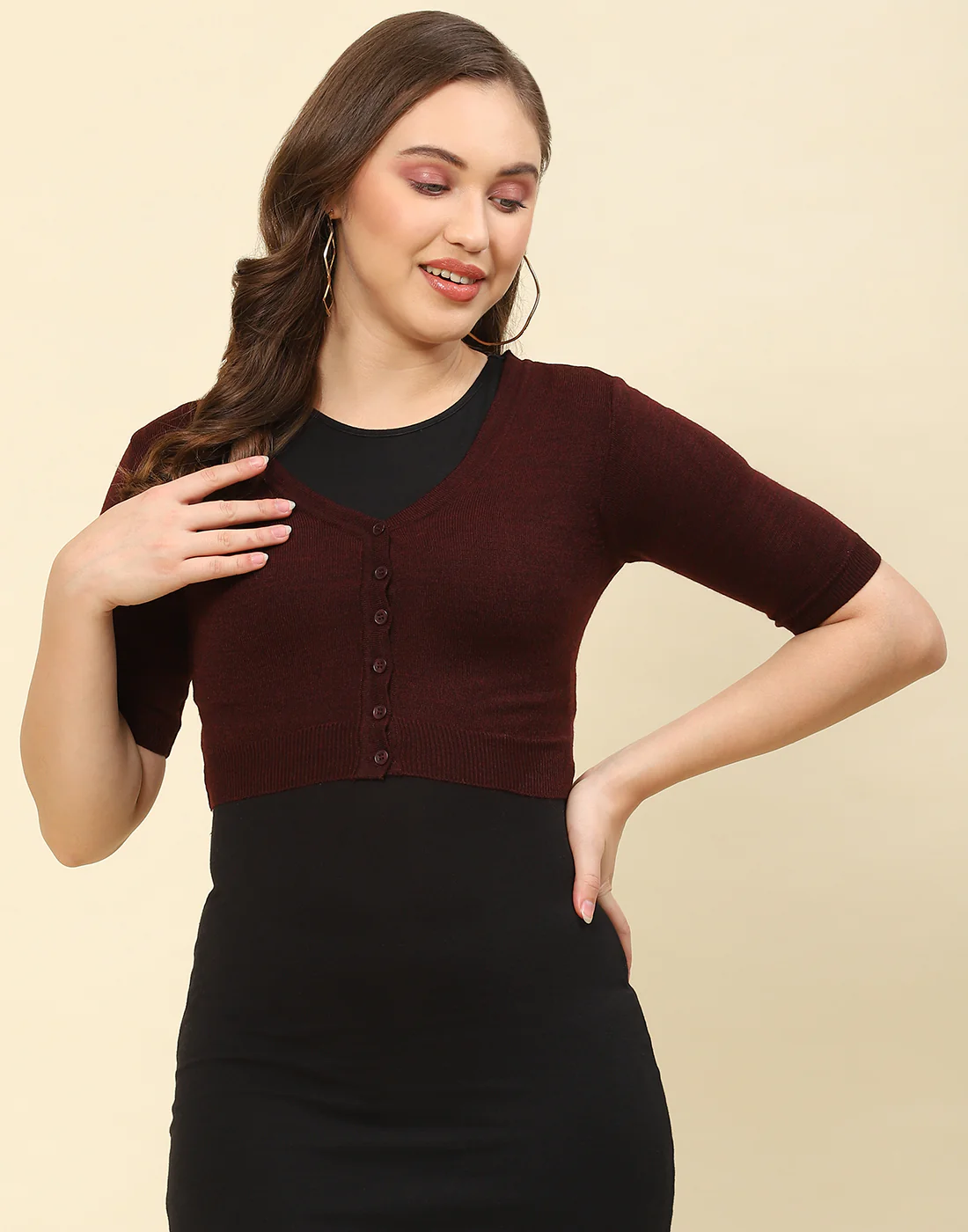 Women Maroon Solid V Neck Half Sleeve Blouse - Image 3
