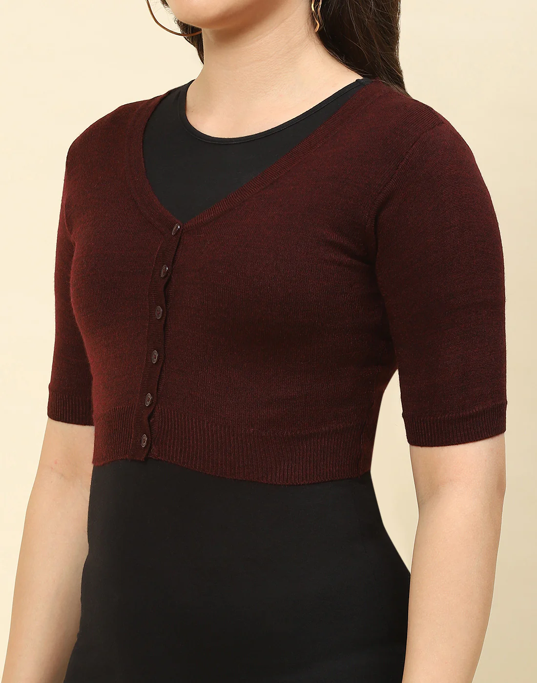 Women Maroon Solid V Neck Half Sleeve Blouse - Image 6