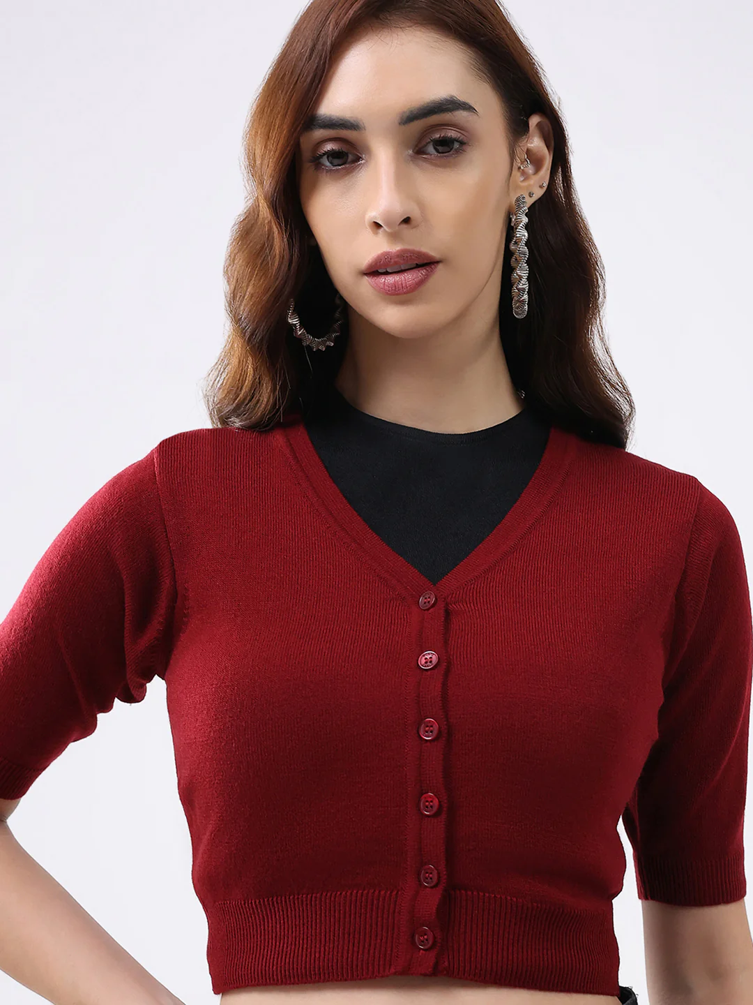 Women Maroon Solid V Neck Half Sleeve Cardigan - Image 6