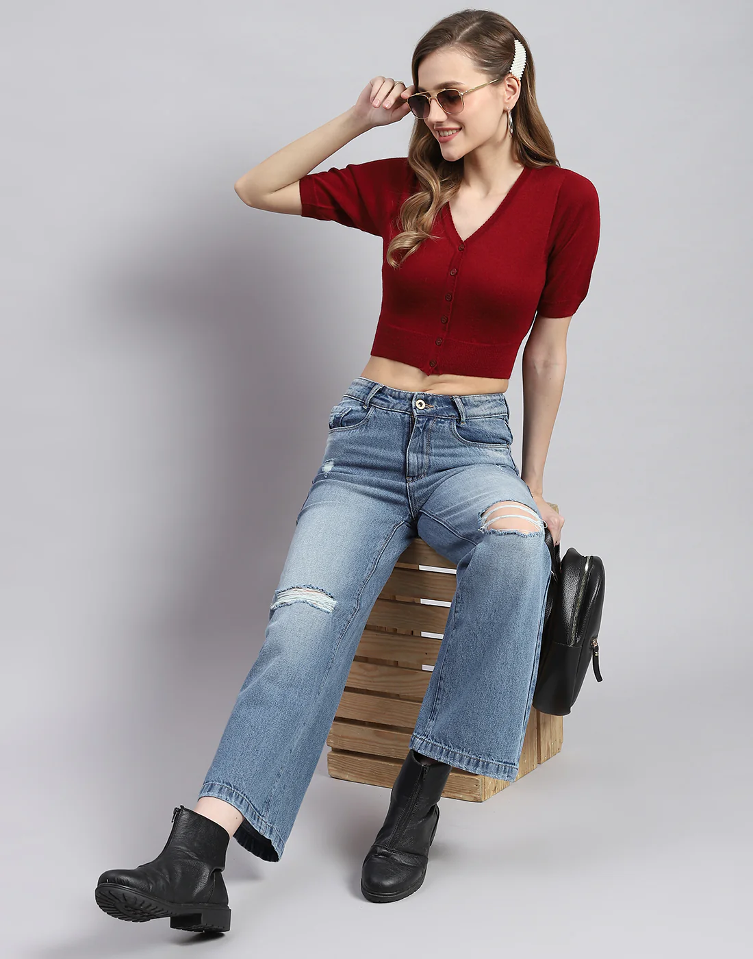 Women Maroon Solid V Neck Half Sleeve Sweater - Image 2