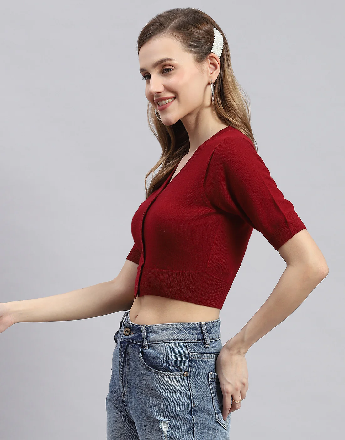 Women Maroon Solid V Neck Half Sleeve Sweater - Image 3