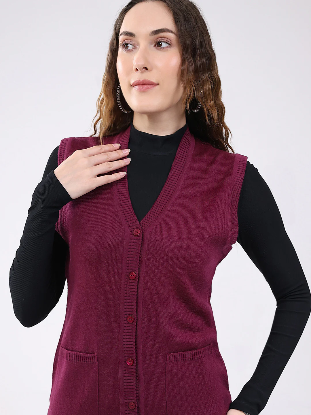 Women Maroon Solid V Neck Sleeveless Cardigan - Image 6