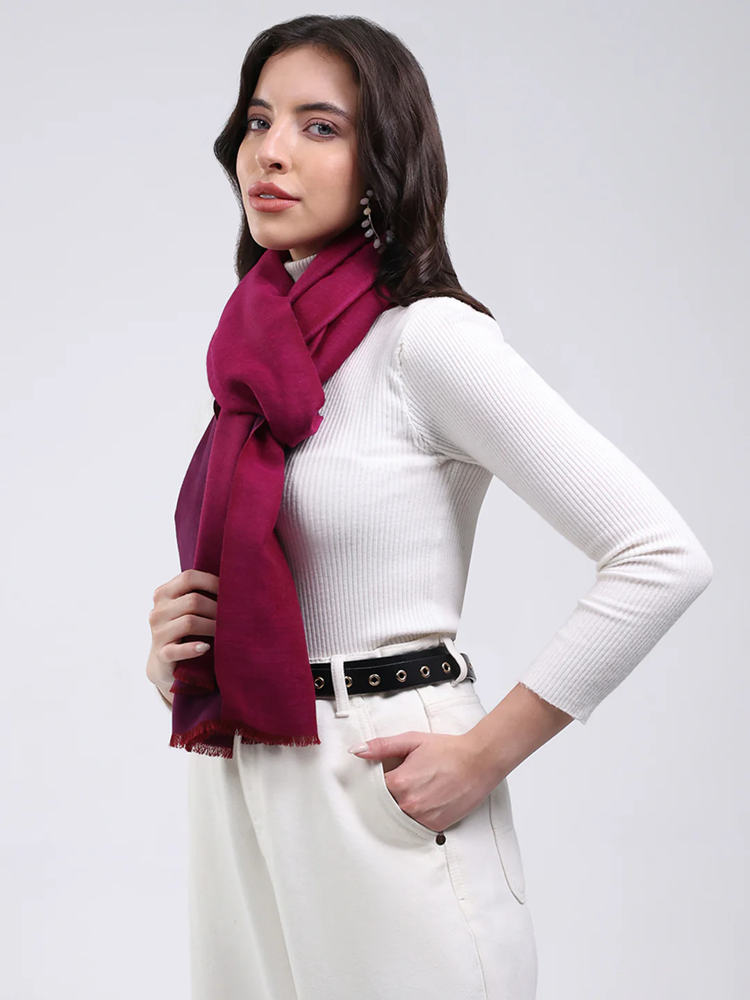 Women Maroon Solid Wool Blend Stole - Image 3