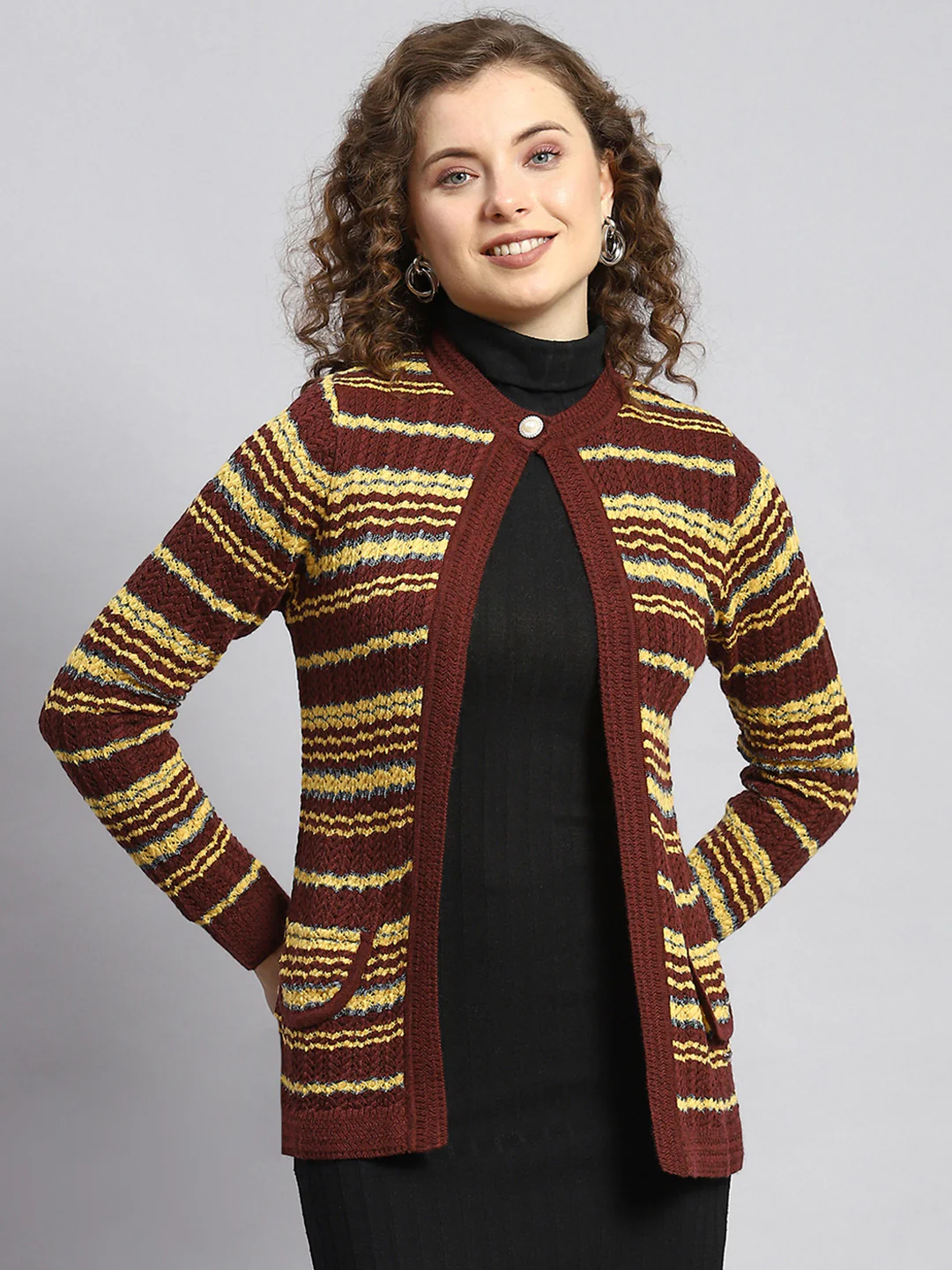 Women Maroon Stripe Cardigan - Image 2