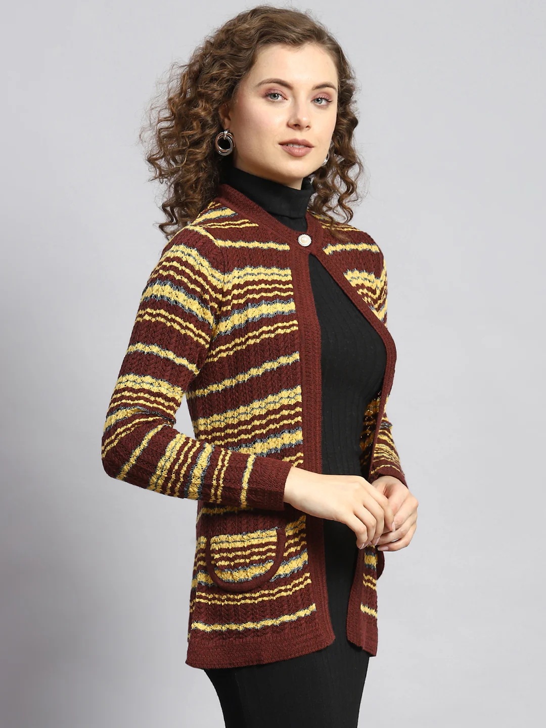 Women Maroon Stripe Cardigan - Image 3