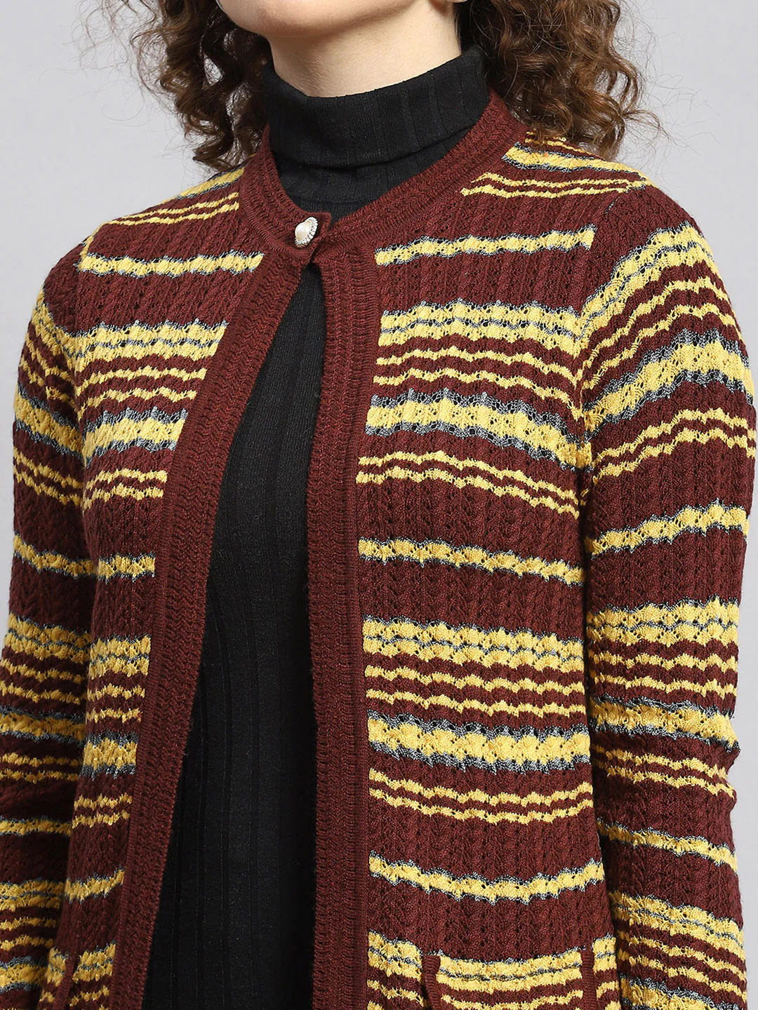 Women Maroon Stripe Cardigan - Image 6