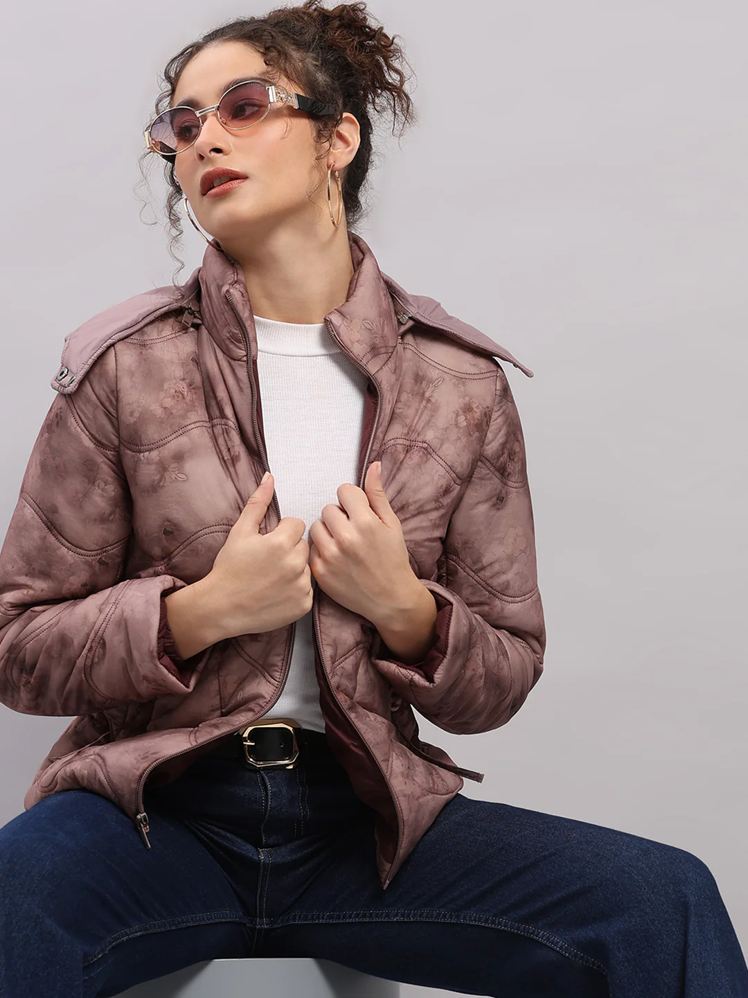 Women Mauve Printed Hooded Full Sleeve Jacket - Image 6