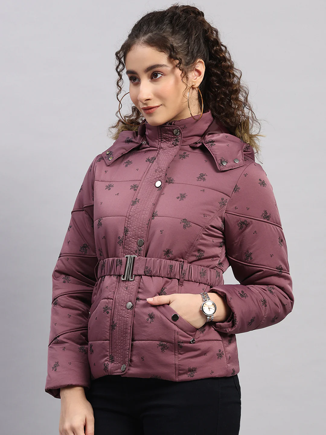 Women Mauve Printed Hooded Full Sleeve Jacket - Image 3