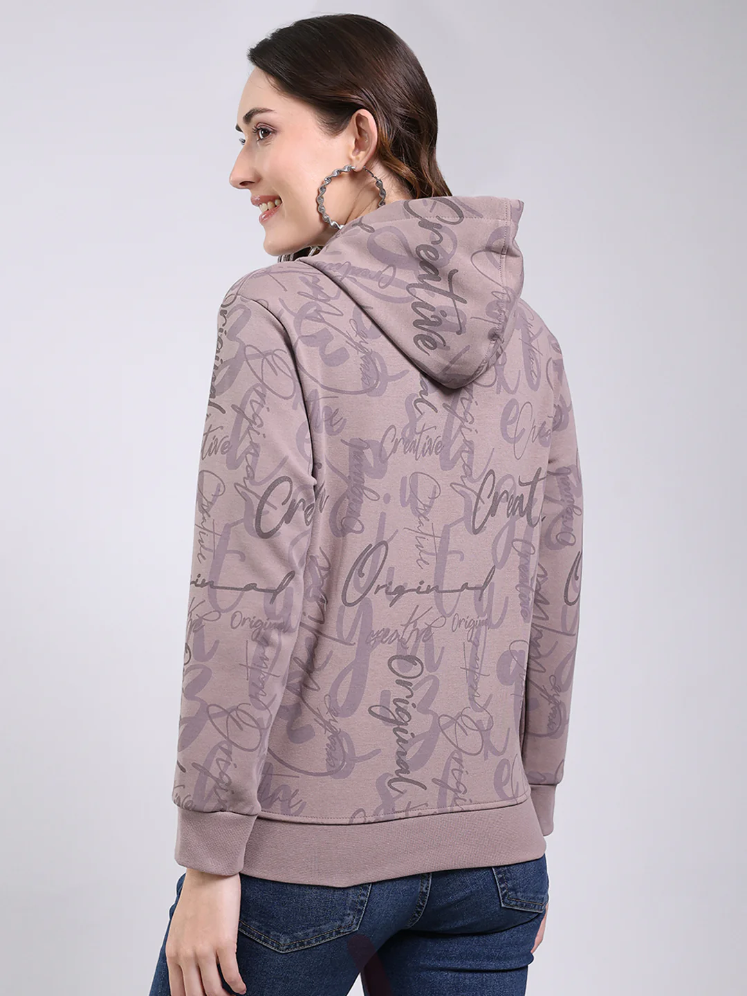 Women Mauve Printed Hooded Full Sleeve Sweatshirt - Image 5
