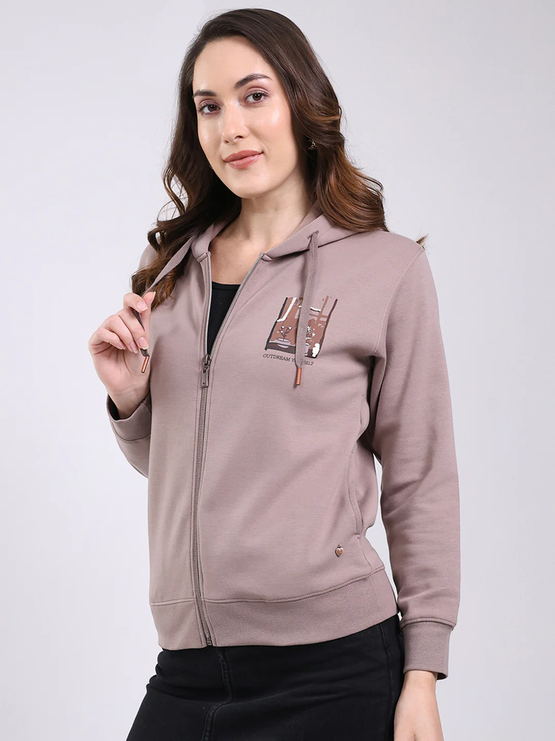 Women Mauve Printed Hooded Full Sleeve Sweatshirt - Image 3