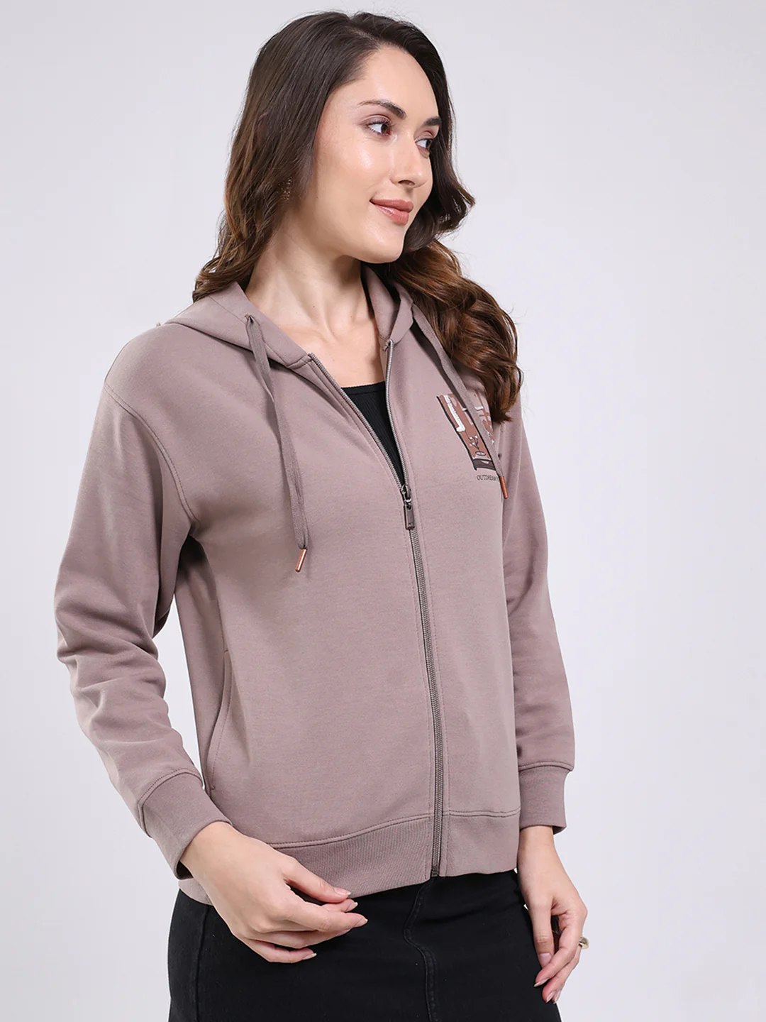 Women Mauve Printed Hooded Full Sleeve Sweatshirt - Image 4