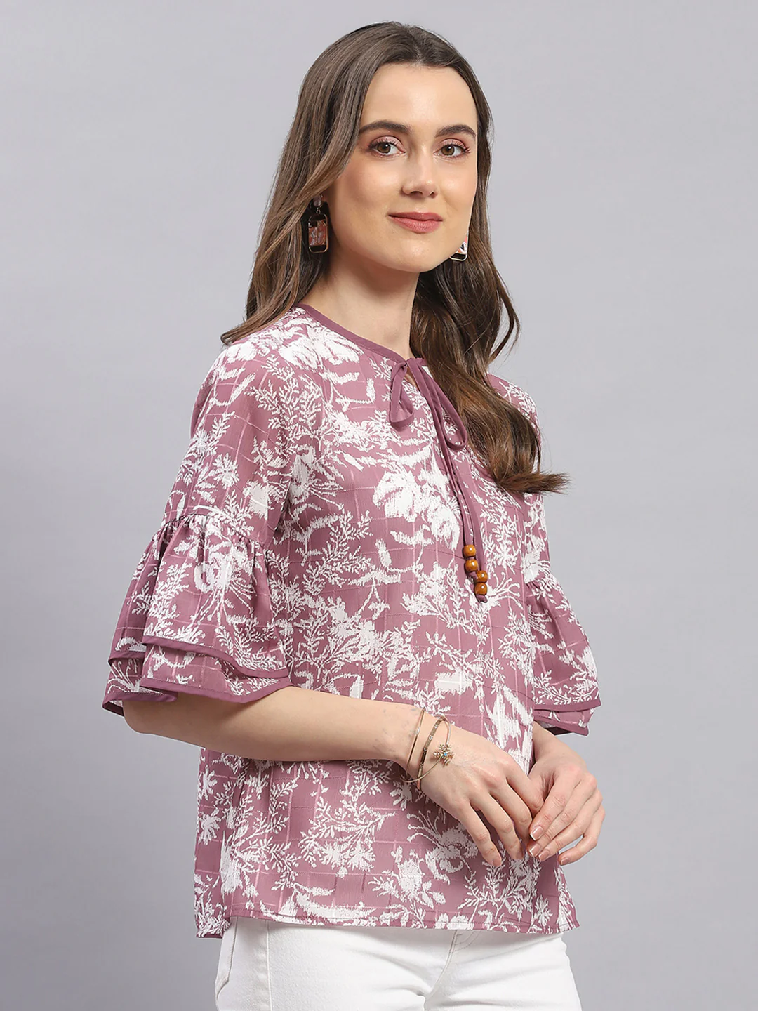 Women Mauve Printed Round Neck 3/4 Sleeve Top - Image 4