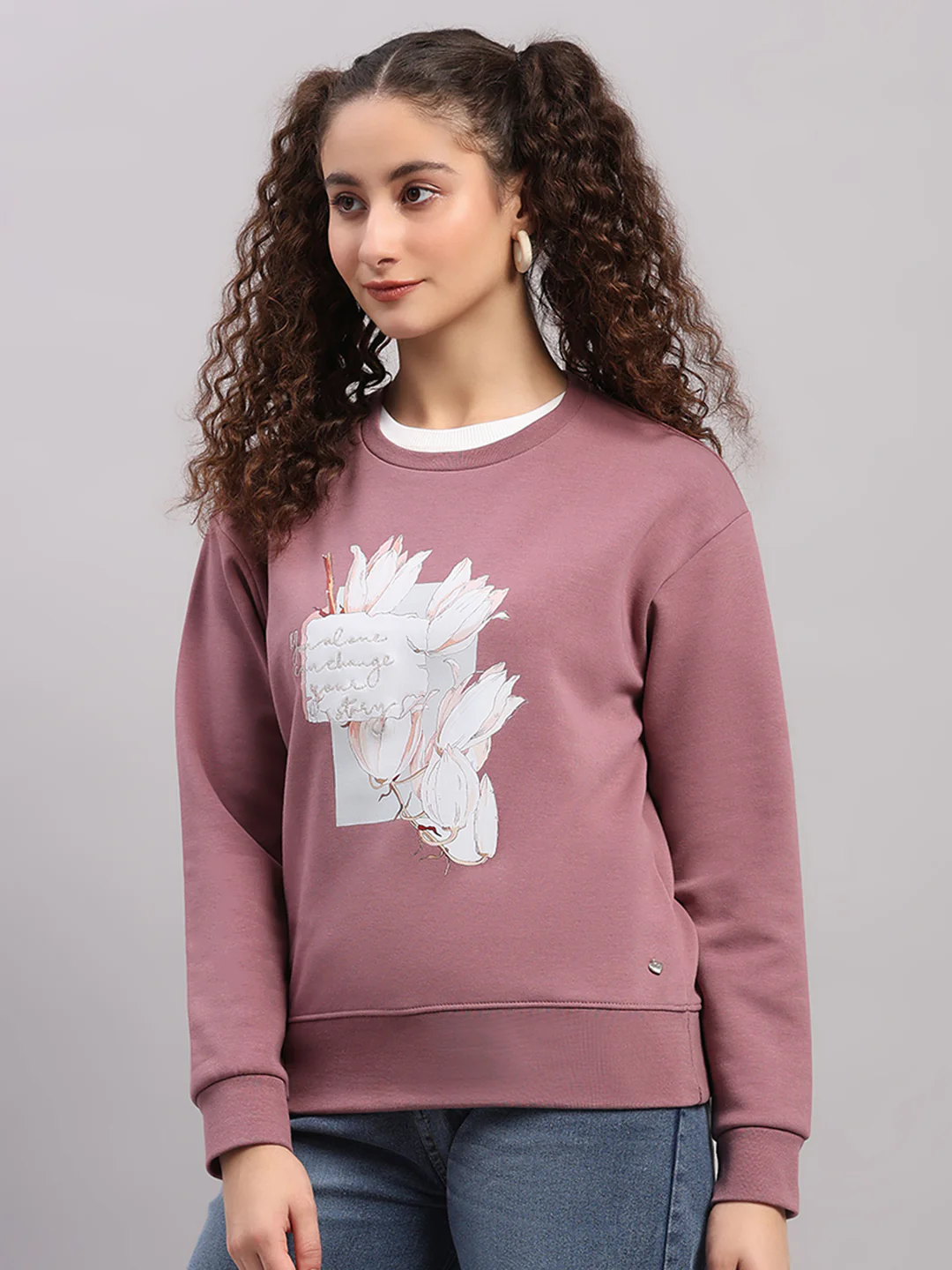 Women Mauve Printed Round Neck Full Sleeve Sweatshirt - Image 3
