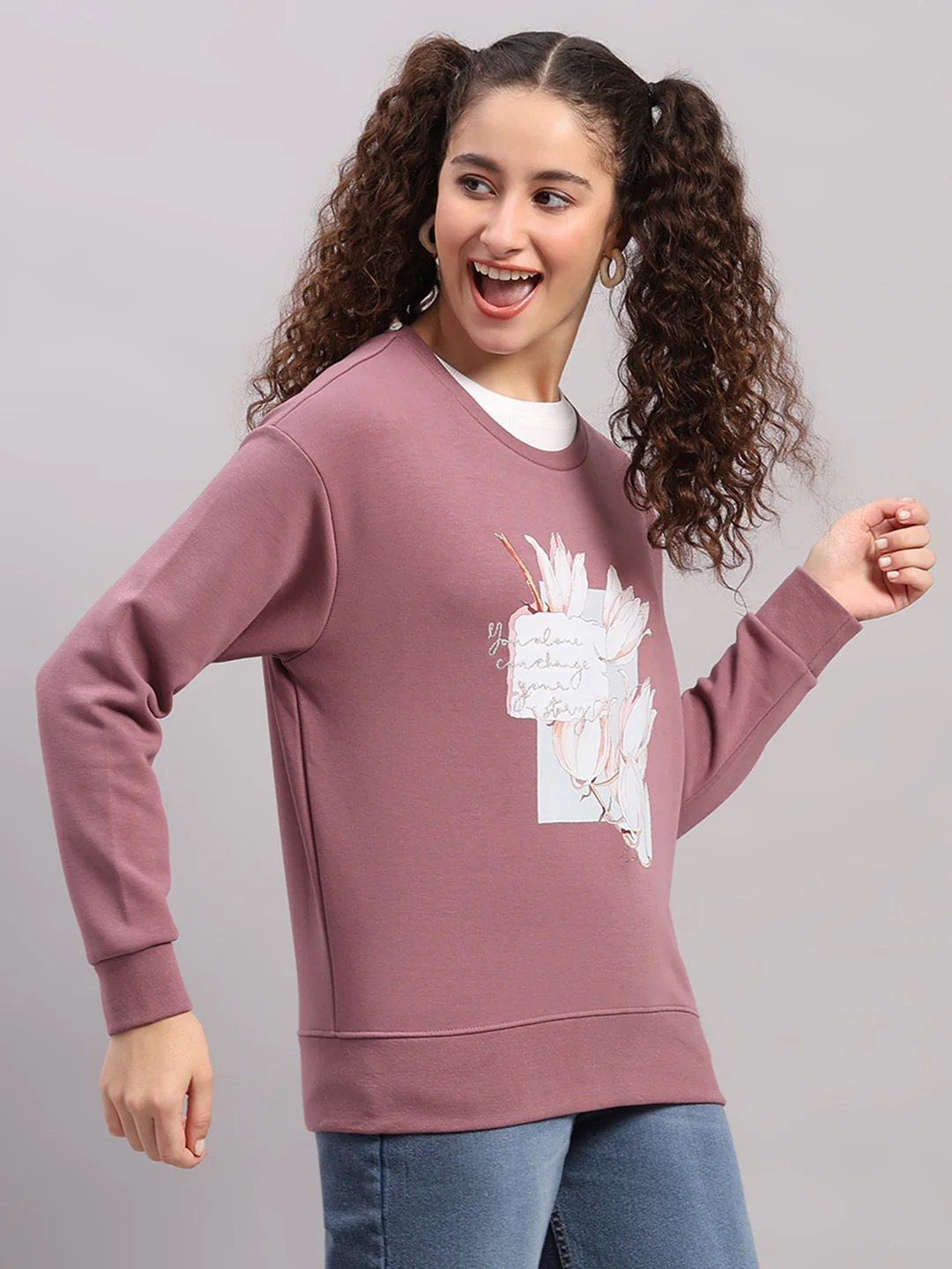 Women Mauve Printed Round Neck Full Sleeve Sweatshirt - Image 4