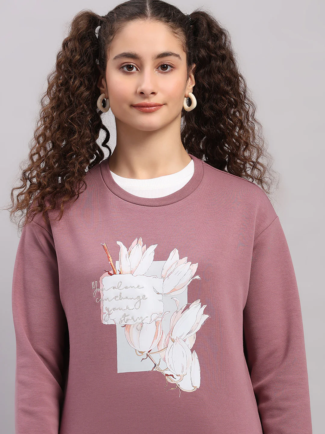Women Mauve Printed Round Neck Full Sleeve Sweatshirt - Image 6