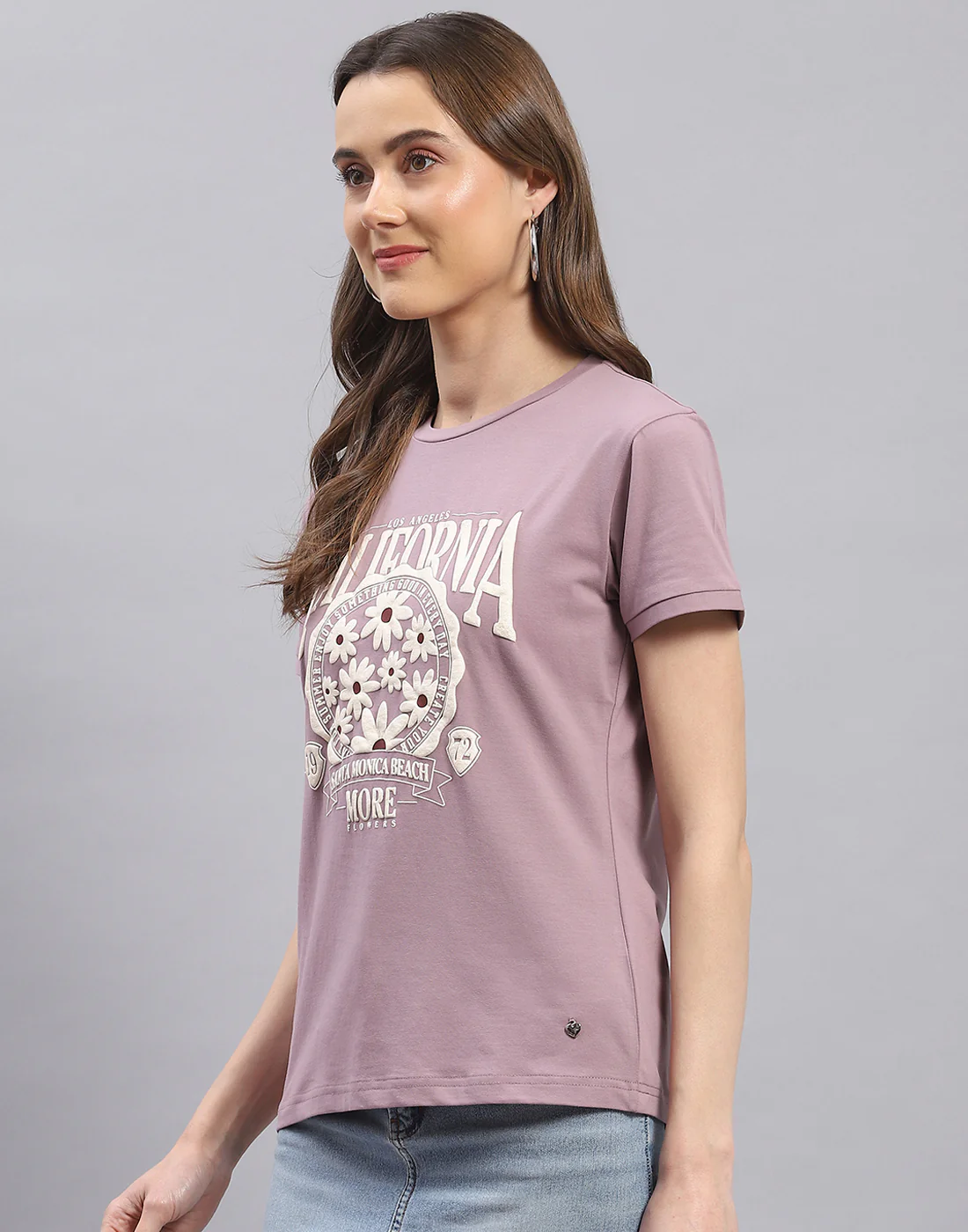 Women Mauve Printed Round Neck Half Sleeve Top - Image 3
