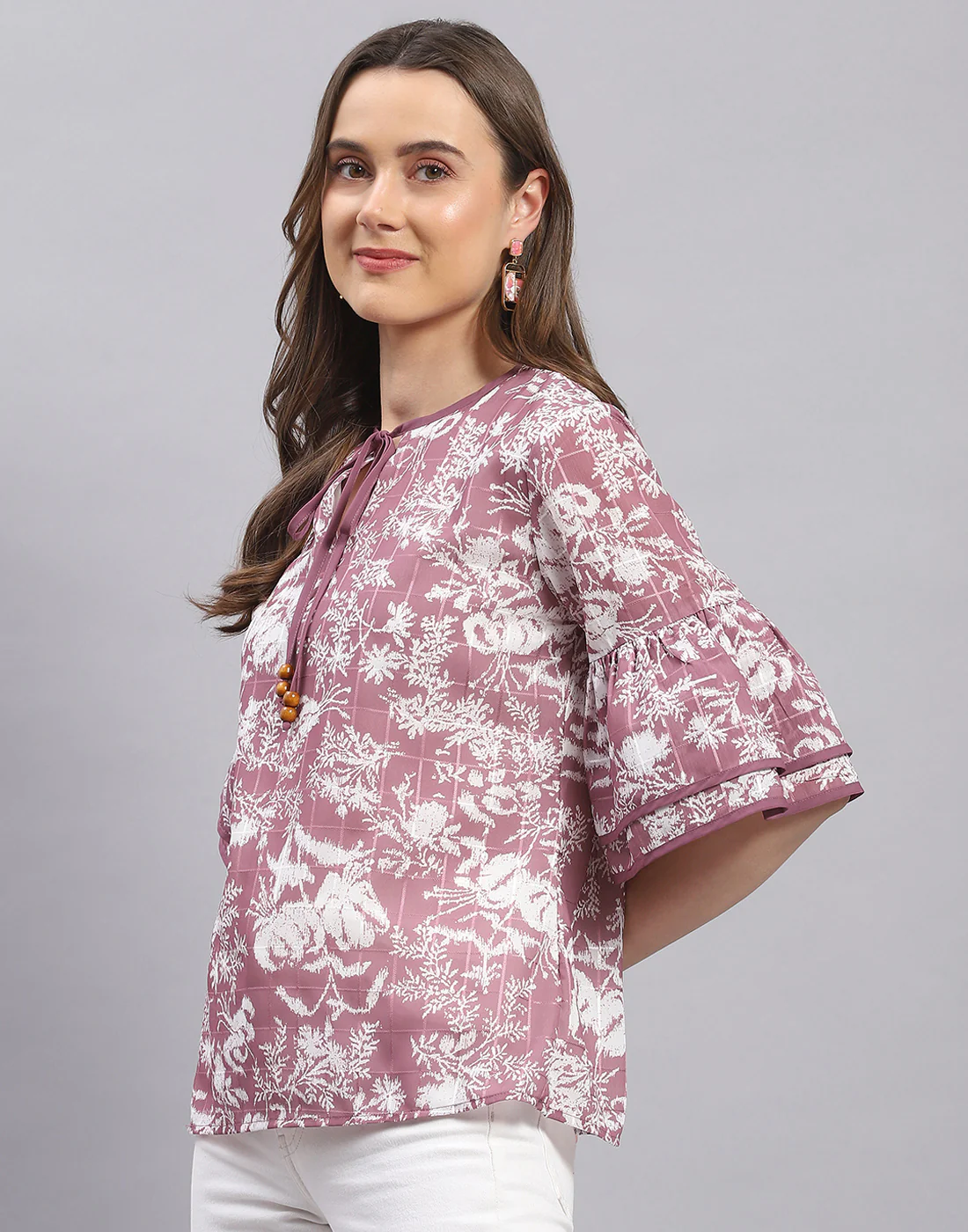 Women Mauve Printed Round Neck Half Sleeve Top - Image 3