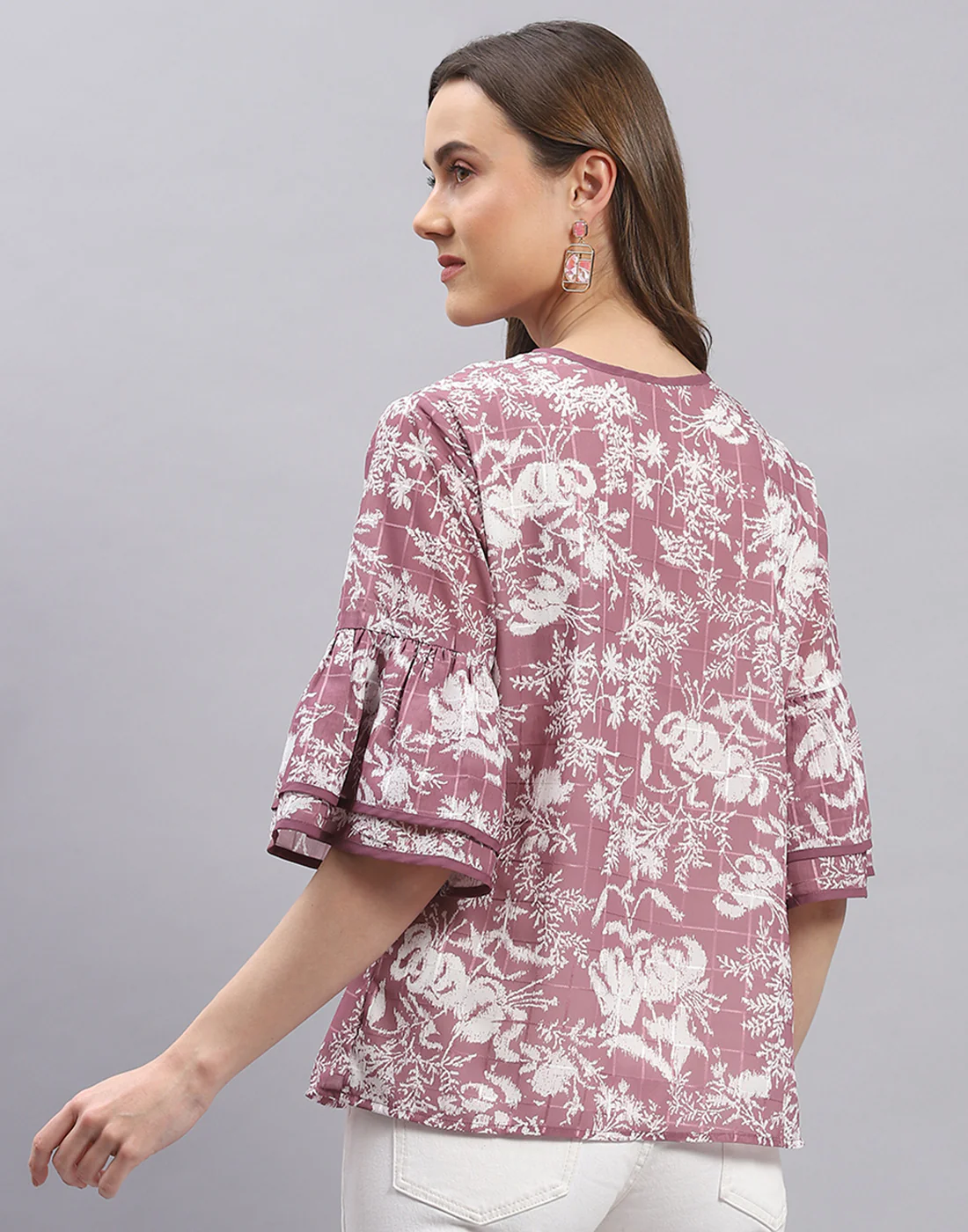 Women Mauve Printed Round Neck Half Sleeve Top - Image 5