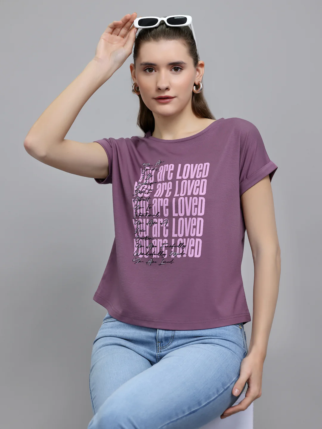 Women Mauve Printed Round Neck Half Sleeve Top - Image 6