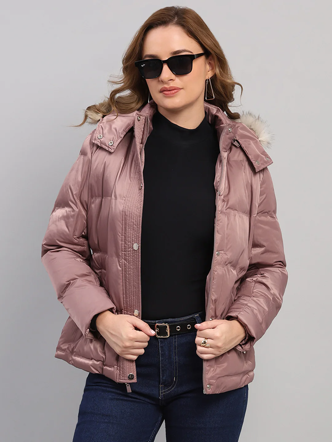 Women Mauve Self Design Hooded Full Sleeve Jacket - Image 6
