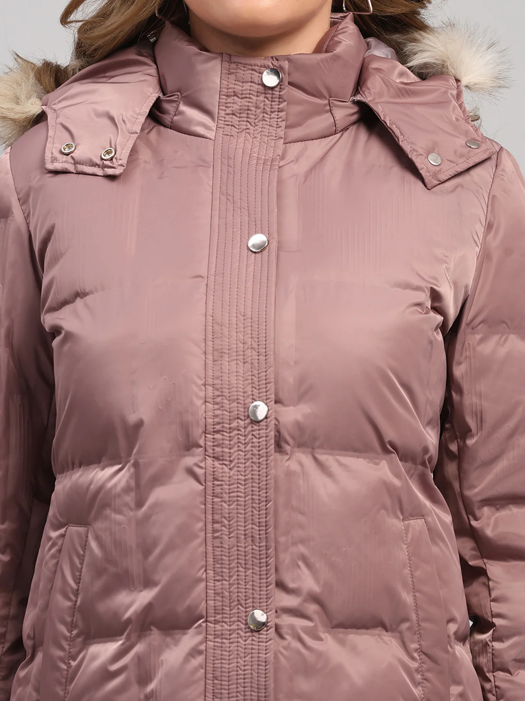 Women Mauve Self Design Hooded Full Sleeve Jacket - Image 7
