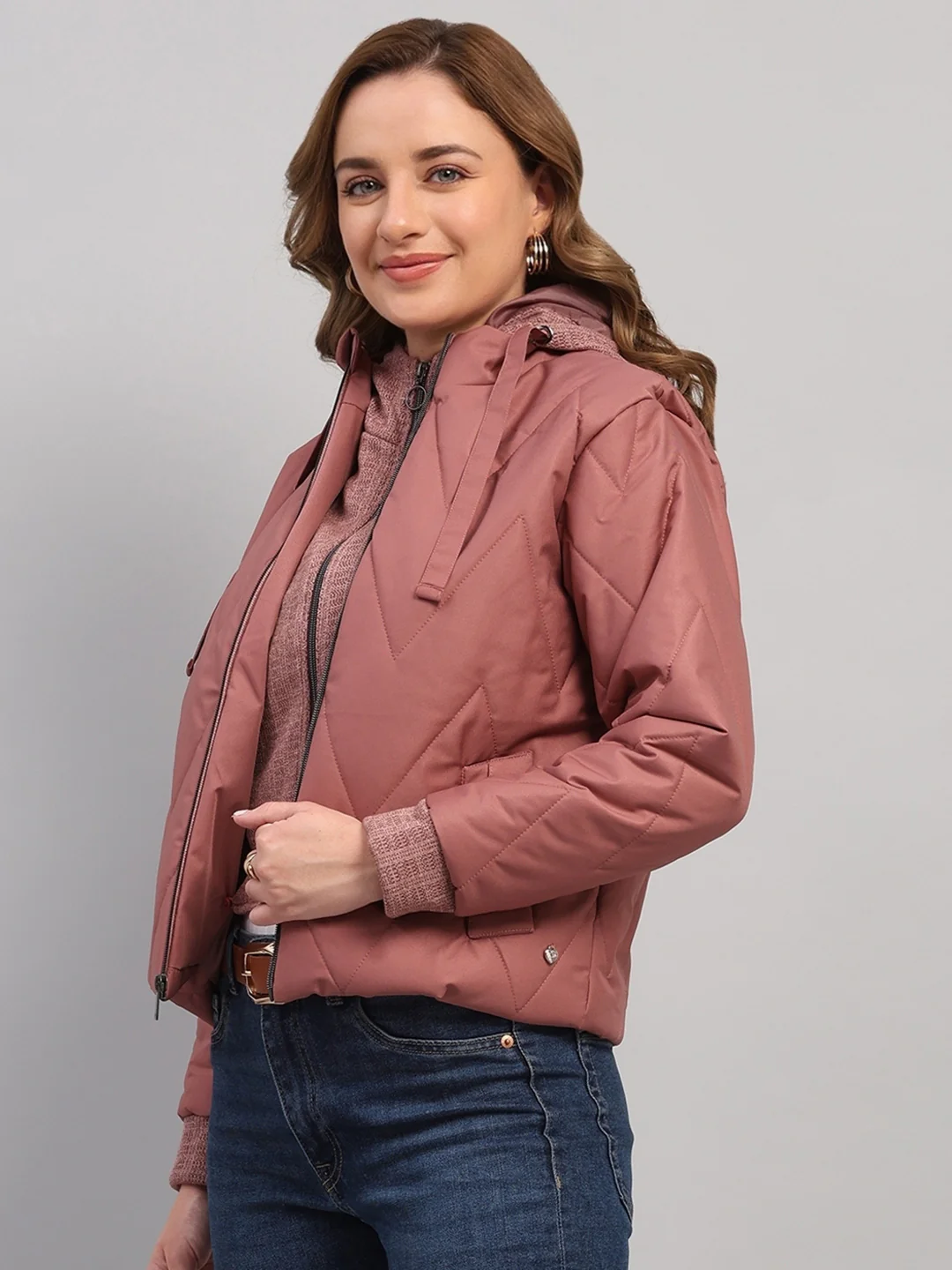 Women Mauve Self Design Hooded Full Sleeve Jacket - Image 3