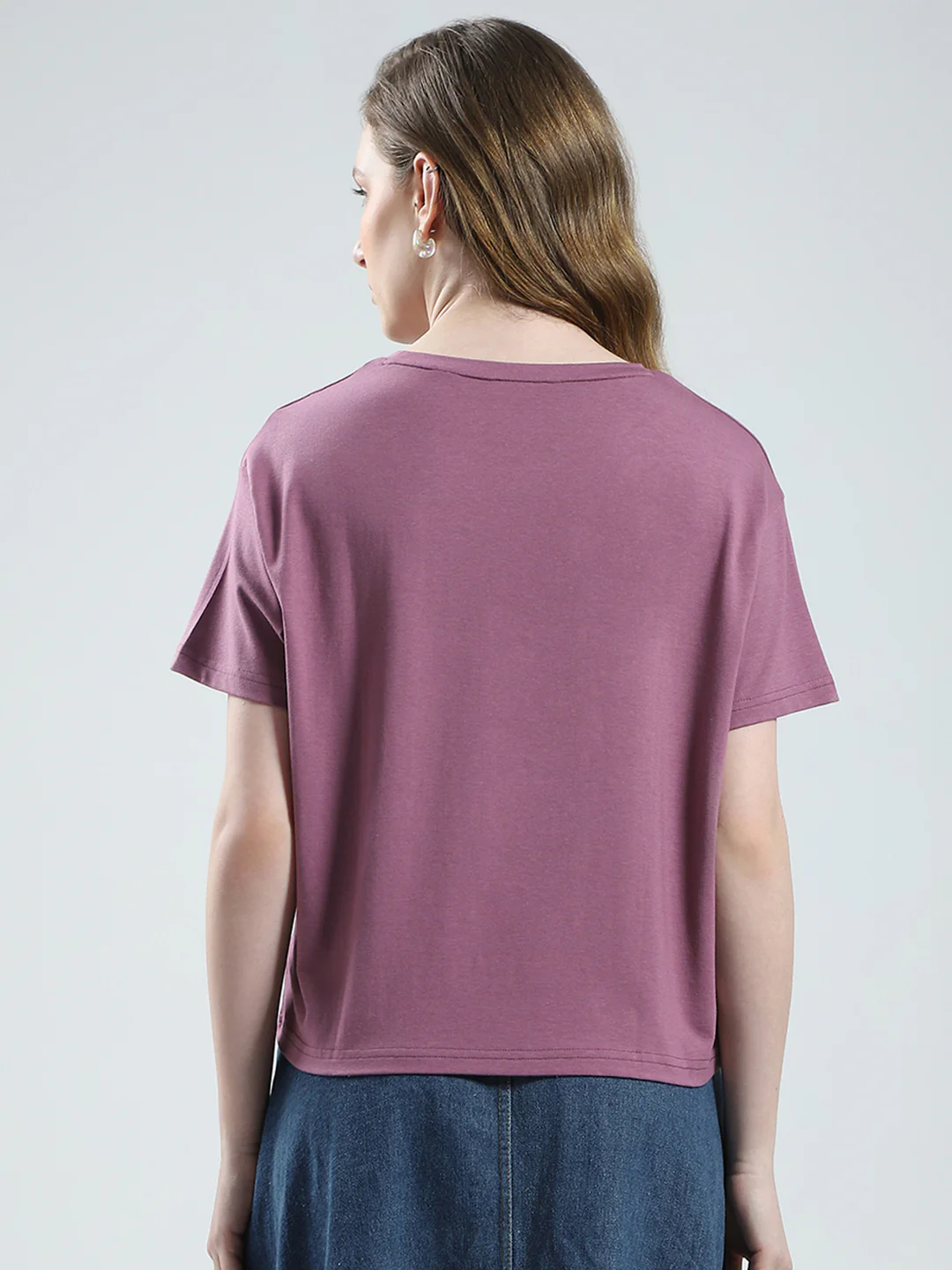 Women Mauve Solid Round Neck Half Sleeve Top - Image 5