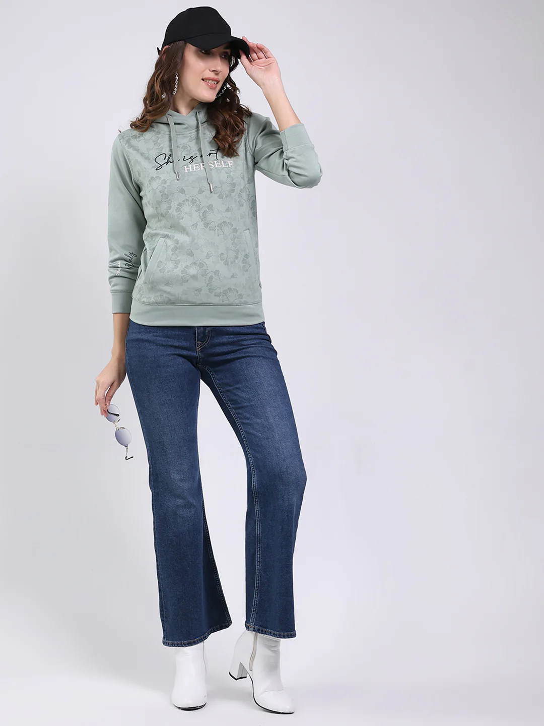 Women Mint Green Printed Hooded Full Sleeve Sweatshirt - Image 2