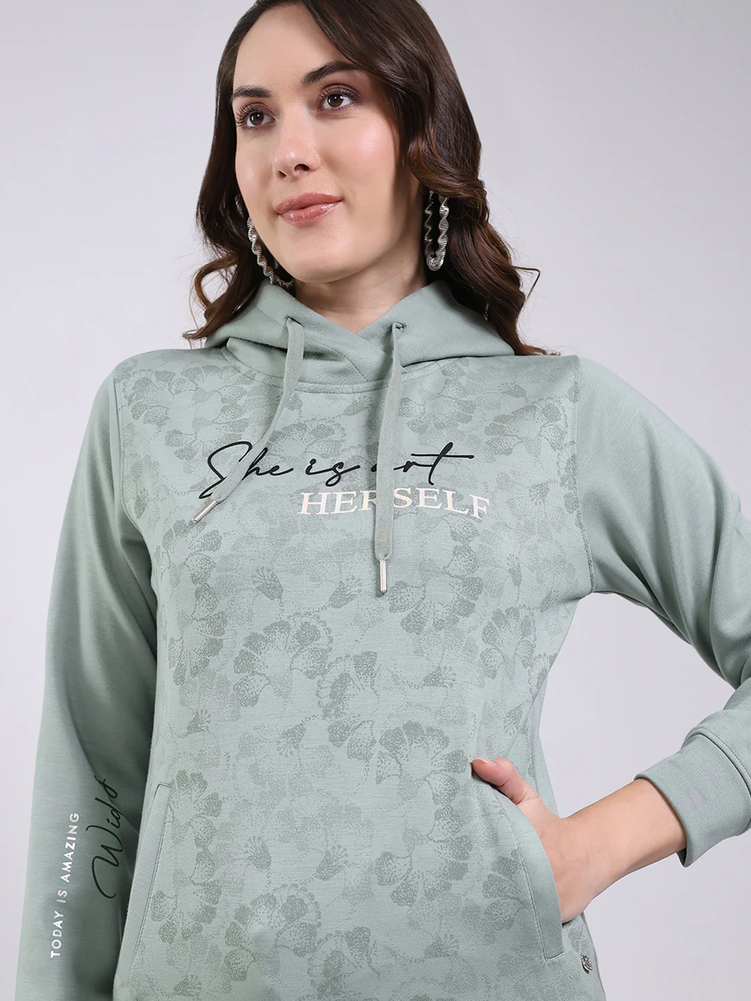 Women Mint Green Printed Hooded Full Sleeve Sweatshirt - Image 7