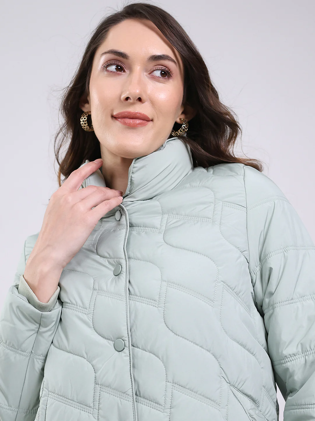 Women Mint Green Solid Mock Neck Full Sleeve Jacket - Image 7