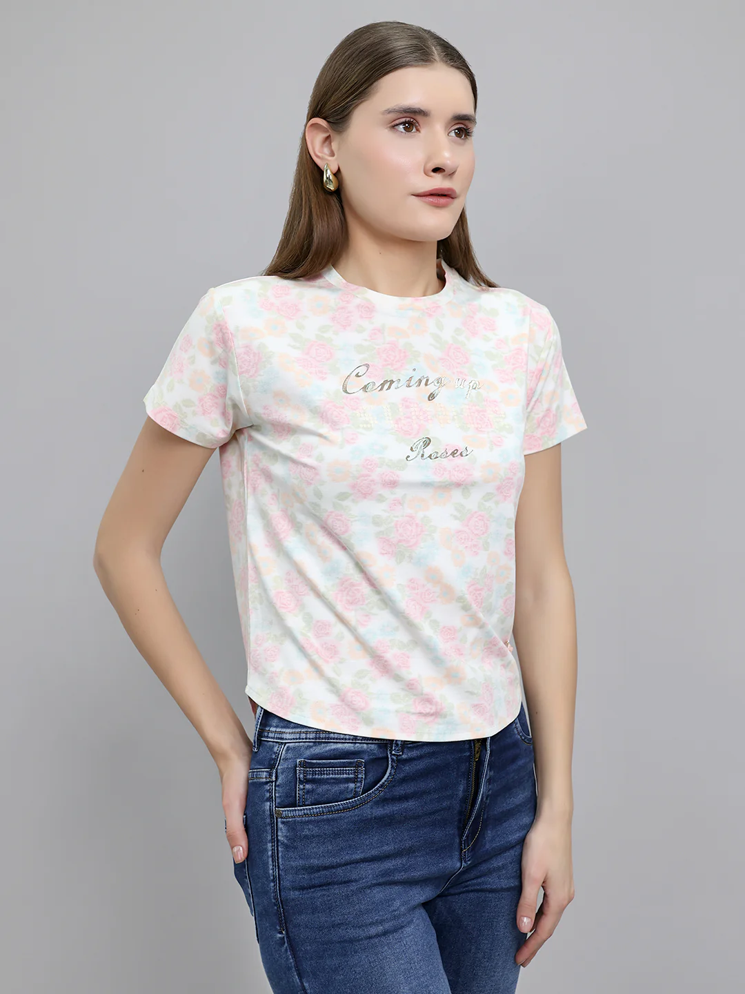 Women Multicolor Floral Print Round Neck Half Sleeve Top - Image 3