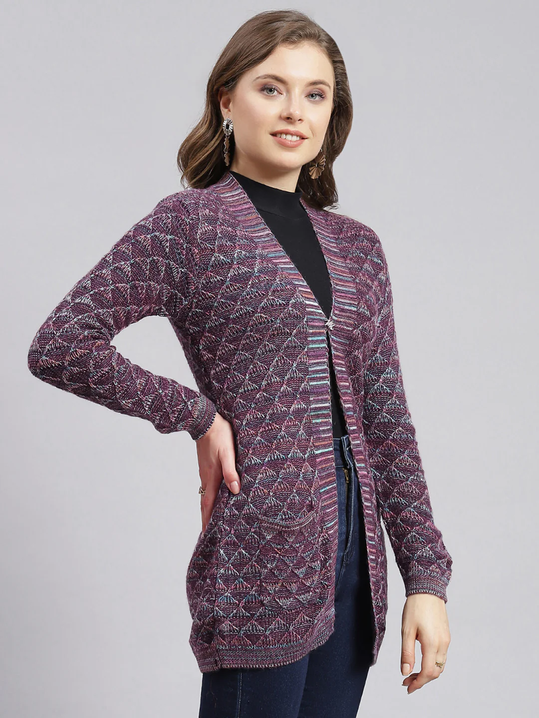 Women Multicolor Jaquard Wool blend Cardigan - Image 3