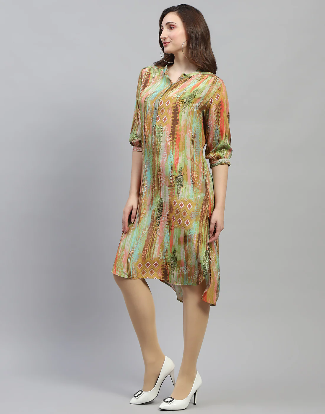 Women Multicolor Printed Band Collar 3/4 Sleeve Dress - Image 4