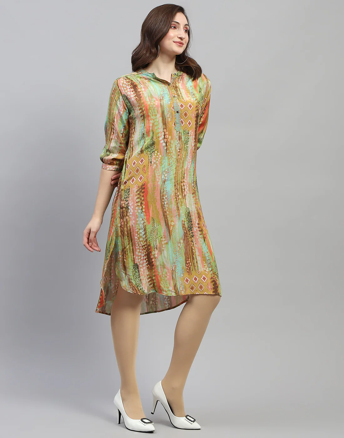 Women Multicolor Printed Band Collar 3/4 Sleeve Dress - Image 5