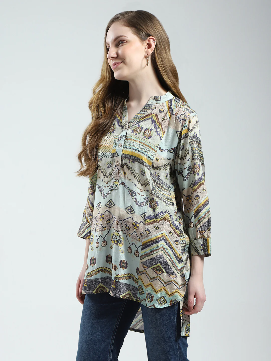 Women Multicolor Printed Band Collar 3/4th Sleeve Tunic - Image 3