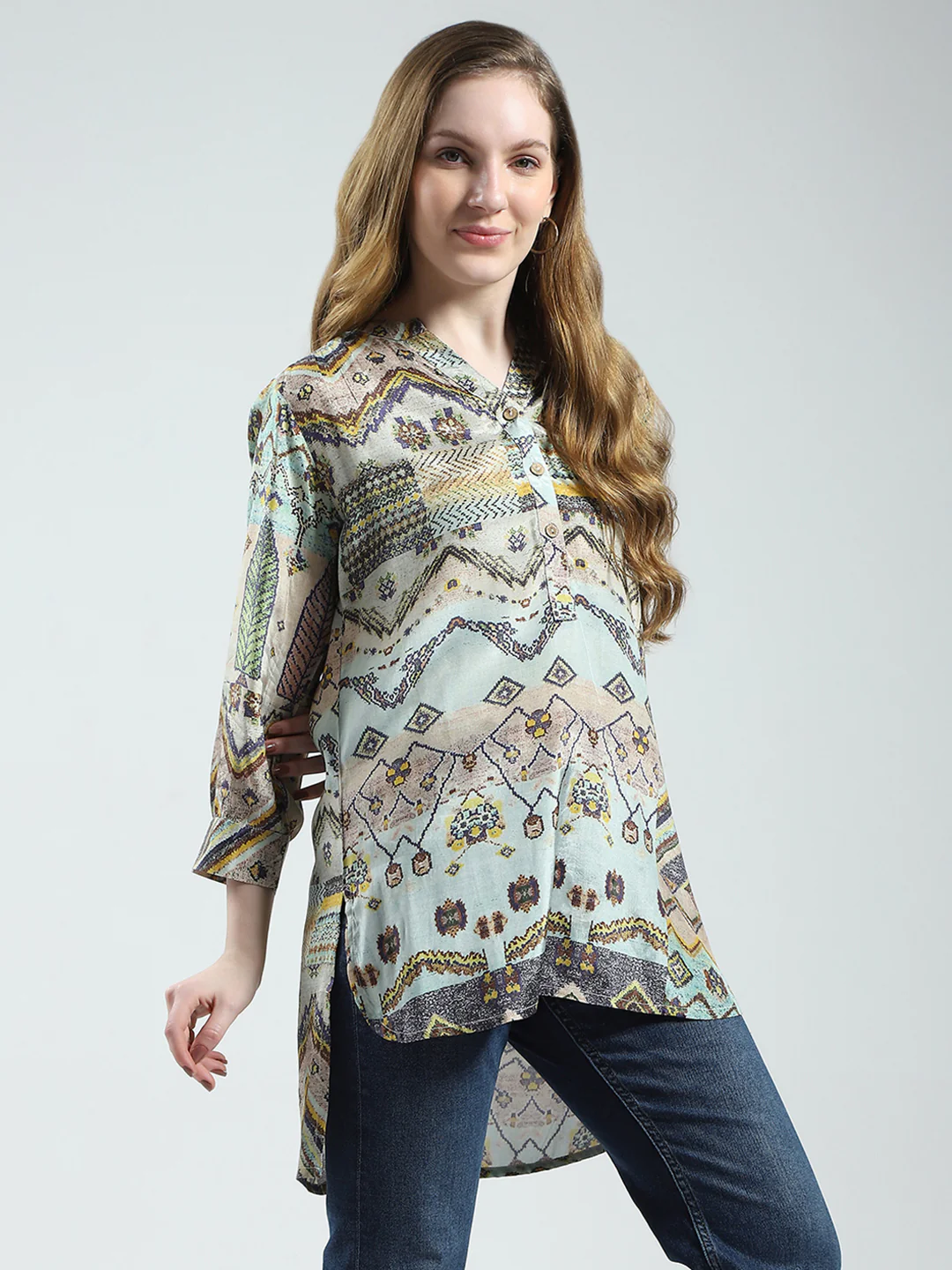 Women Multicolor Printed Band Collar 3/4th Sleeve Tunic - Image 4