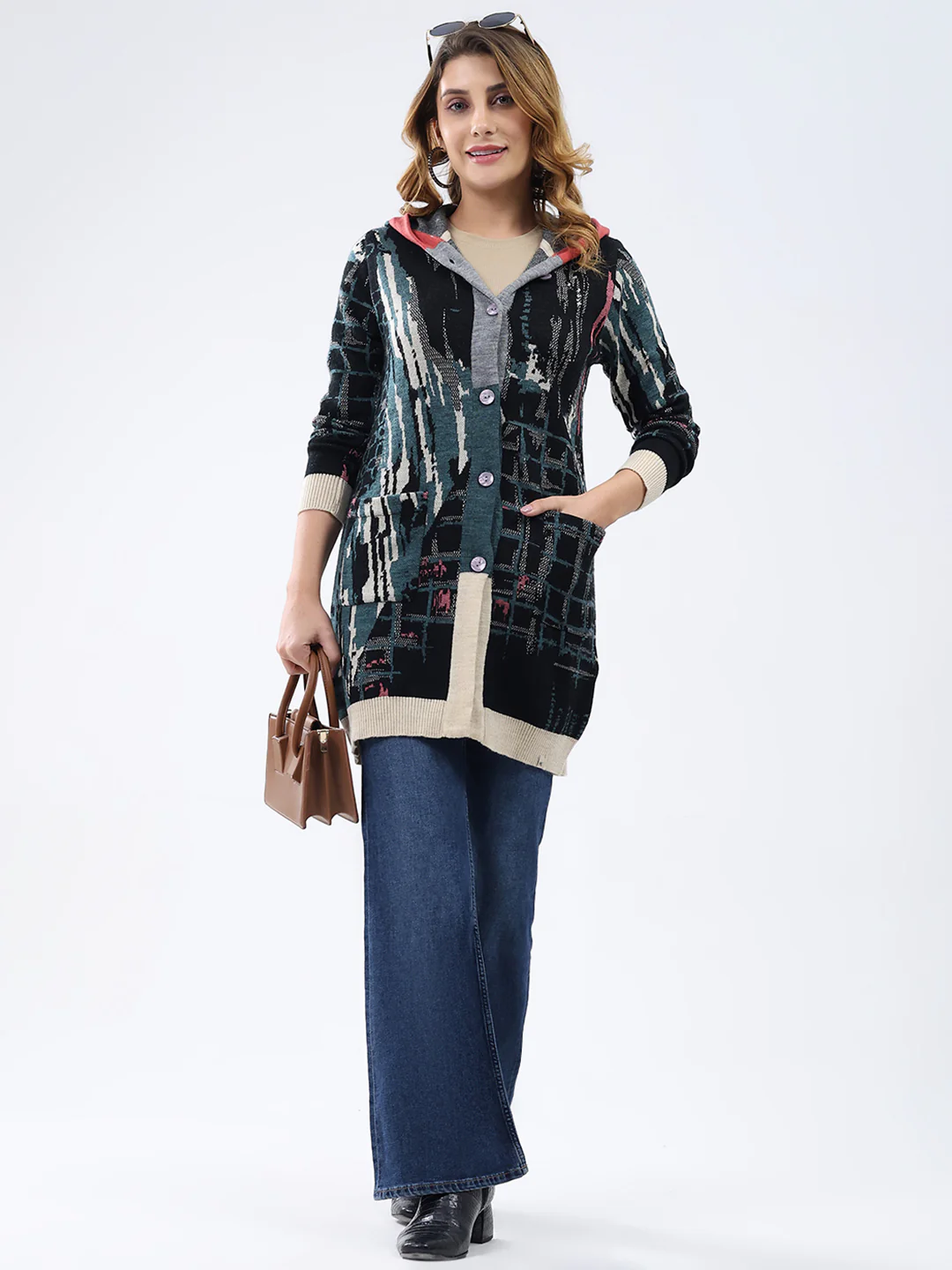Women Multicolor Printed Hooded Full Sleeve Cardigan - Image 2
