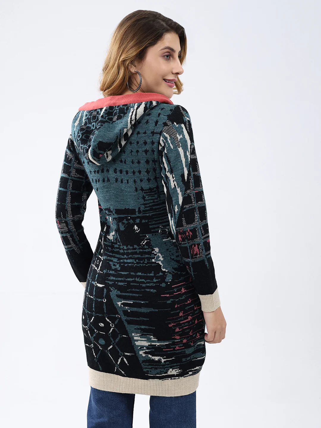 Women Multicolor Printed Hooded Full Sleeve Cardigan - Image 5