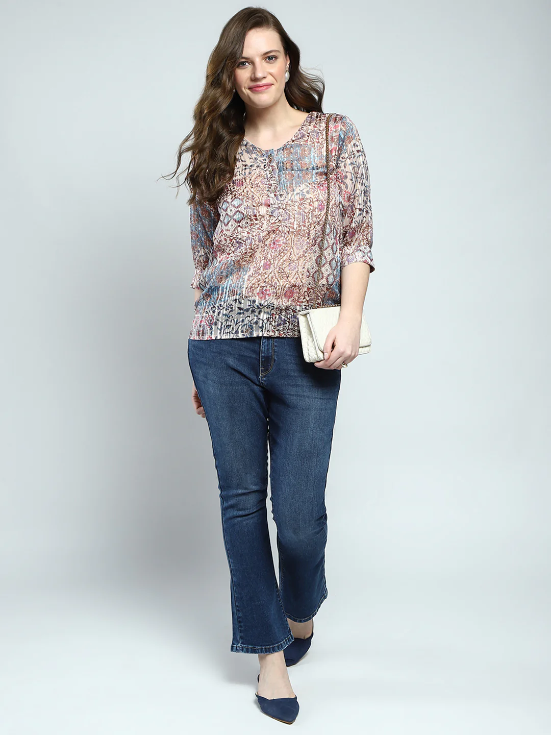 Women Multicolor Printed Round Neck 3/4th Sleeve Top - Image 2